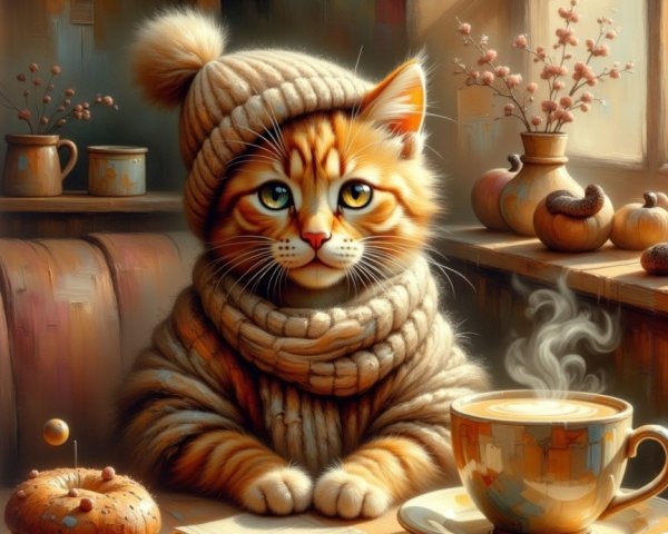 Charming Orange Cat in Cozy Hat at Rustic Table