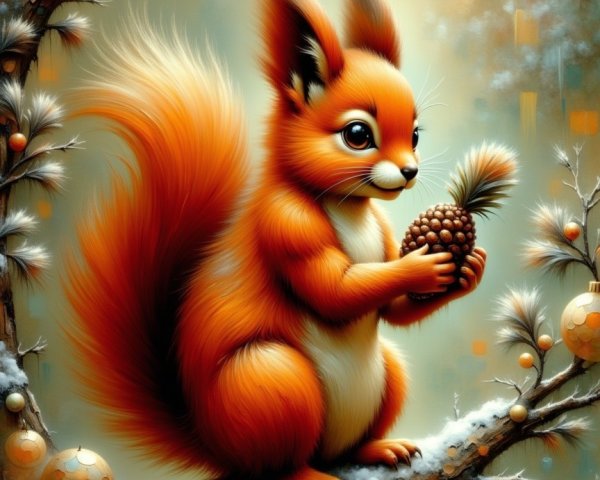 Cheerful Orange Squirrel on Snowy Branch with Ornaments