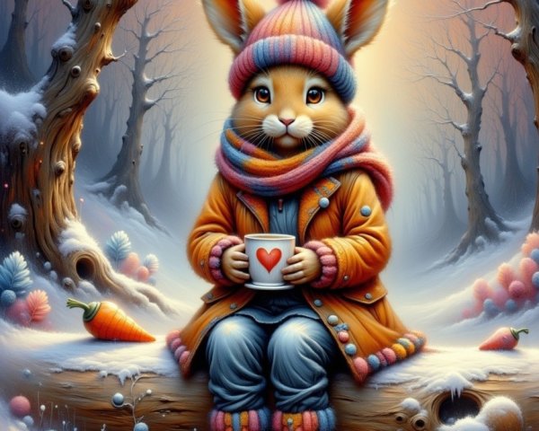 Whimsical Rabbit Character in a Snowy Forest Scene