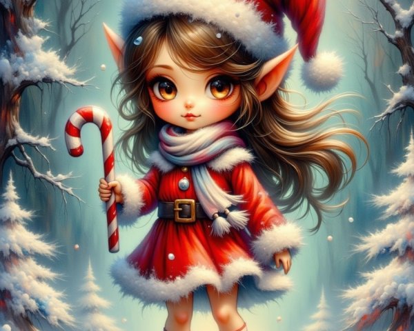 Young elf in festive attire in snowy forest setting