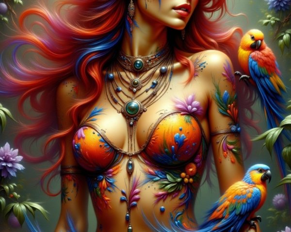 Ethereal Woman with Floral Body Art in Colorful Setting