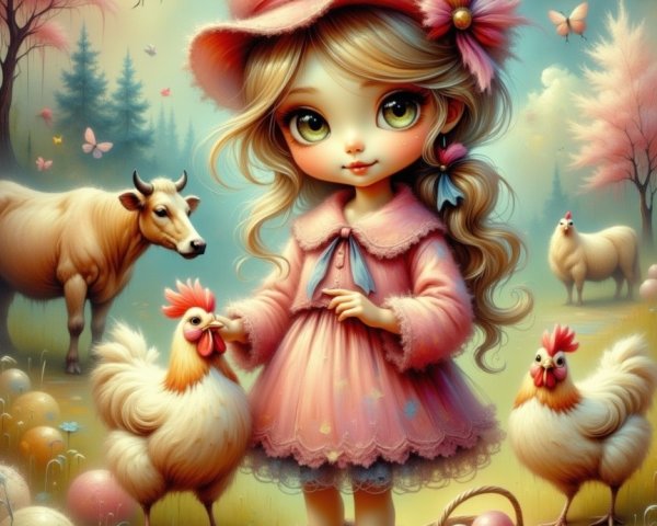 Joyful Girl in Pink Dress with Farm Animals and Easter Eggs