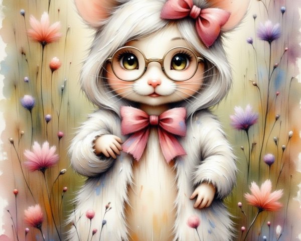 Anthropomorphic mouse in flowers with pastel colors