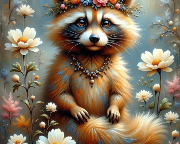 Fluffy Raccoon with Floral Crown Among Colorful Flowers