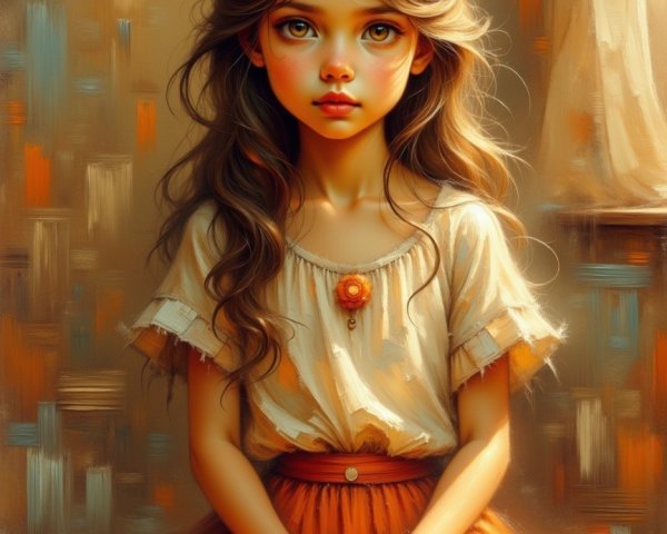 Young girl in white blouse and orange skirt, serene scene