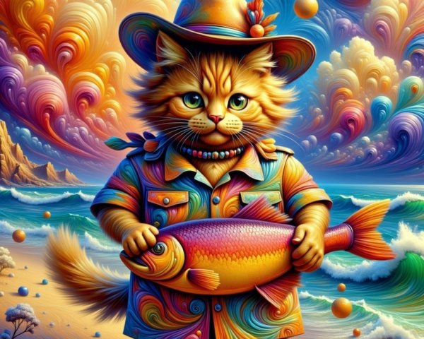 Colorful Cat on Beach with Fish in Surreal Landscape