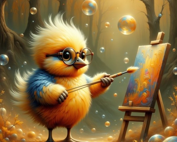 Colorful Bird Painting in Whimsical Forest Scene