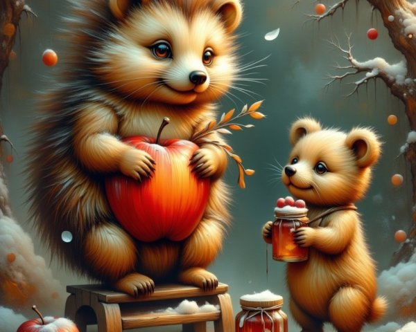 Whimsical Winter Scene with Hedgehog and Bear