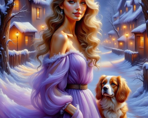 Digital Art Portrait of Woman in Winter Village Scene