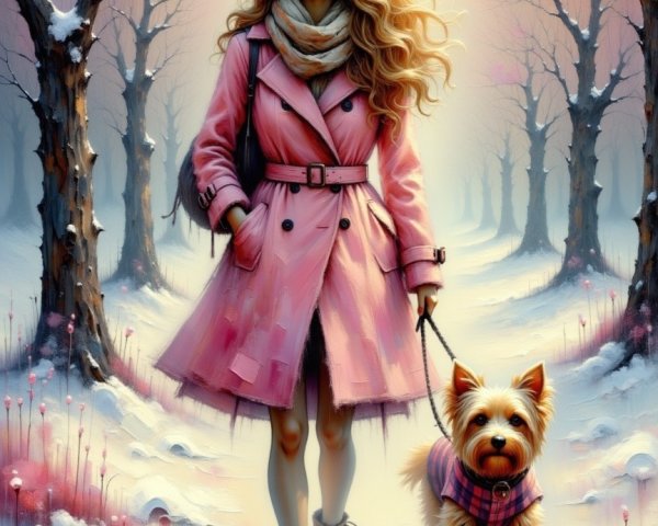 Stylish Woman in Pink Trench Coat in Snowy Landscape