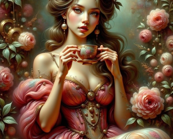 Elegant Woman with Teacup in Floral Dress and Background