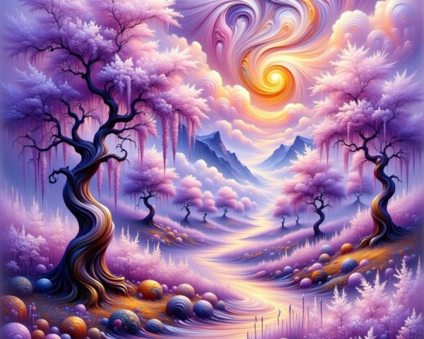Vibrant Landscape with Twisting Trees and River