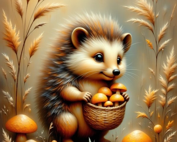 Cartoon Hedgehog in Serene Mushroom Setting
