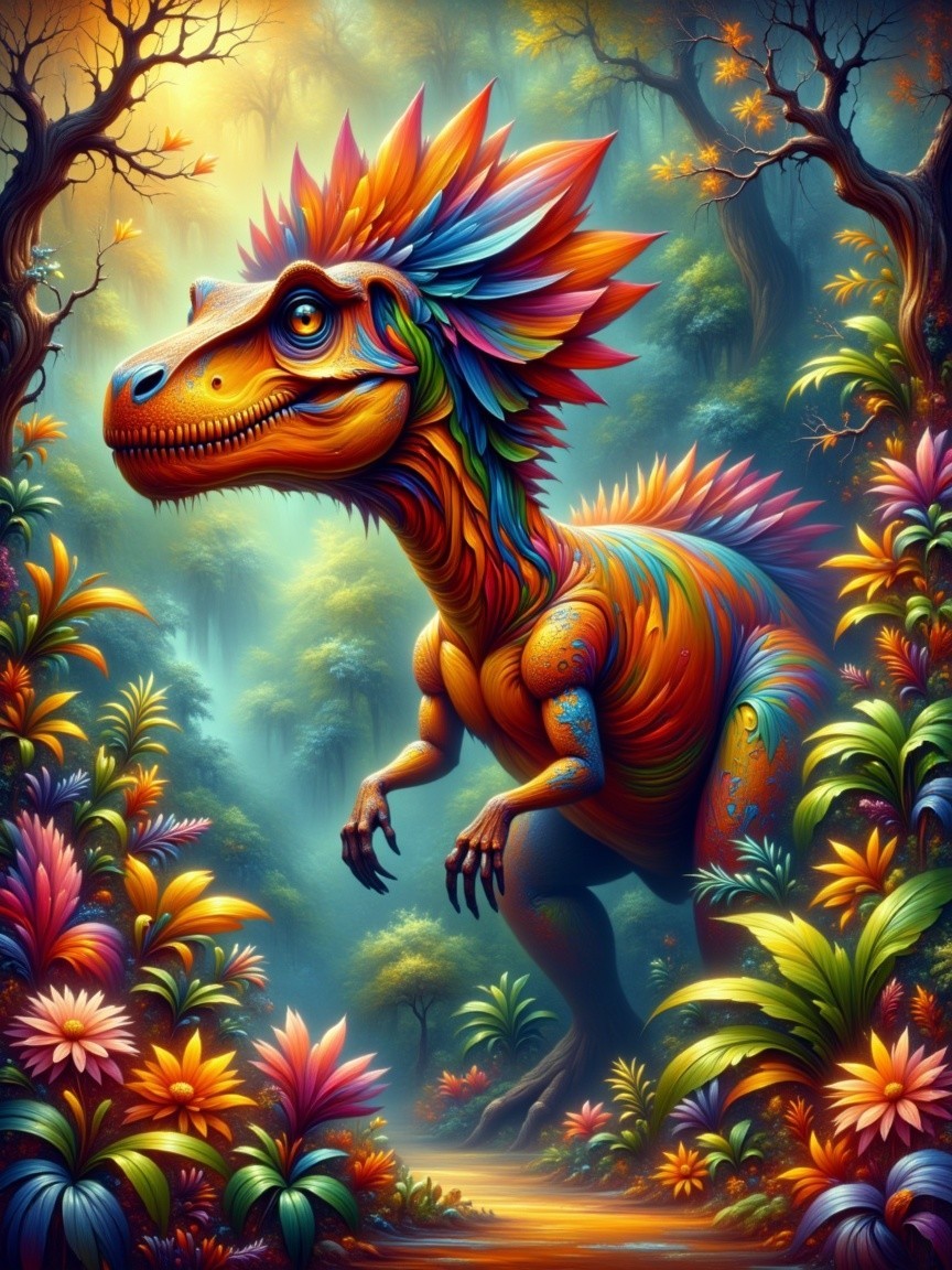 Vivid Dinosaur in a Lush Fantastical Jungle Scene