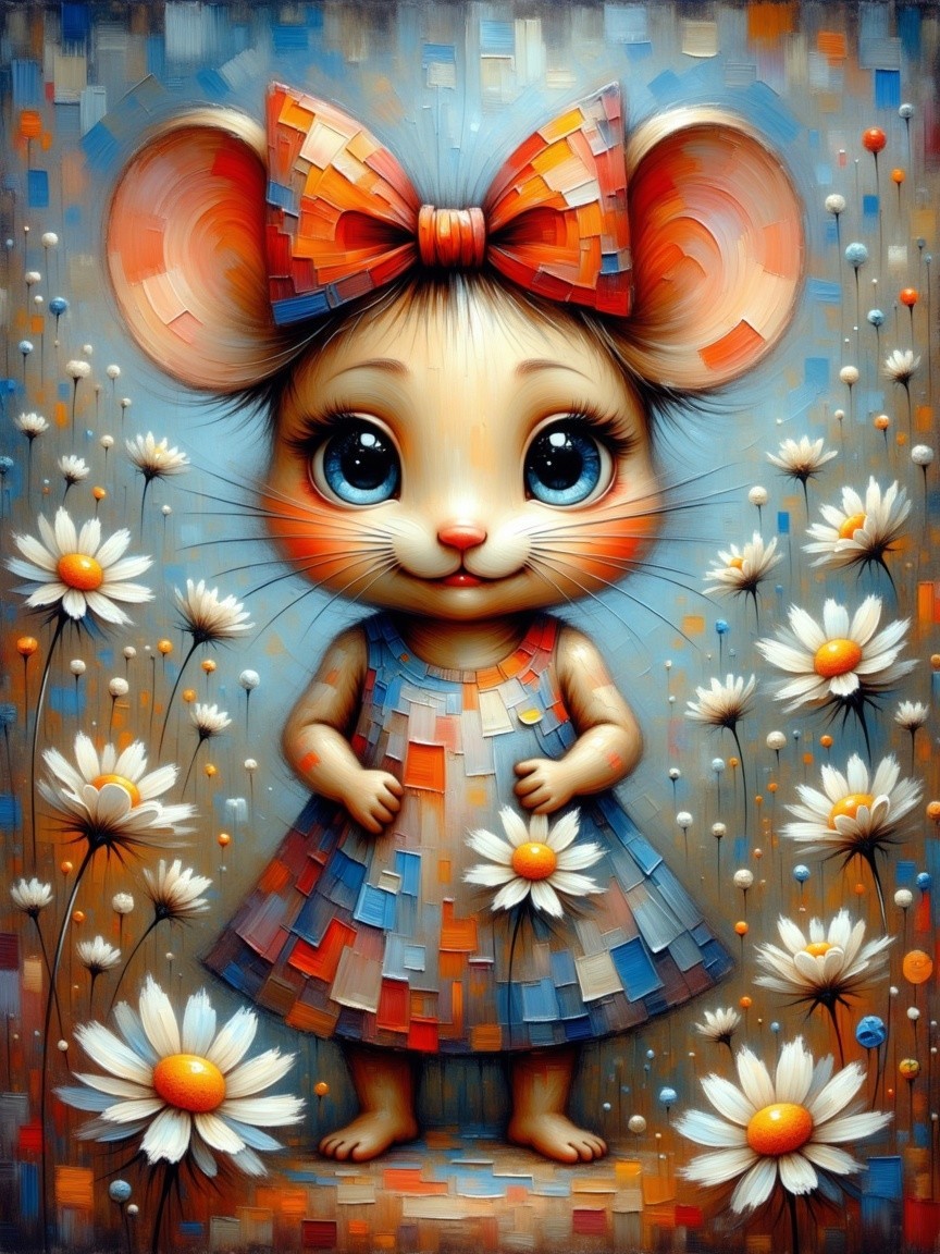 Charming Cartoon Mouse in Daisies with Patchwork Dress