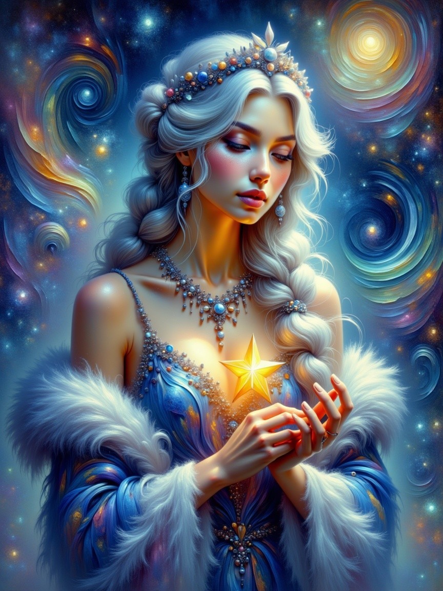 Ethereal Figure in Blue Gown Holding Golden Star