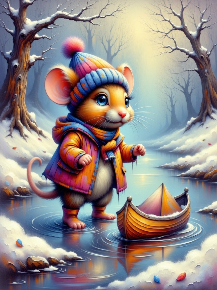 Mouse in Winter Coat by Frozen River Scene