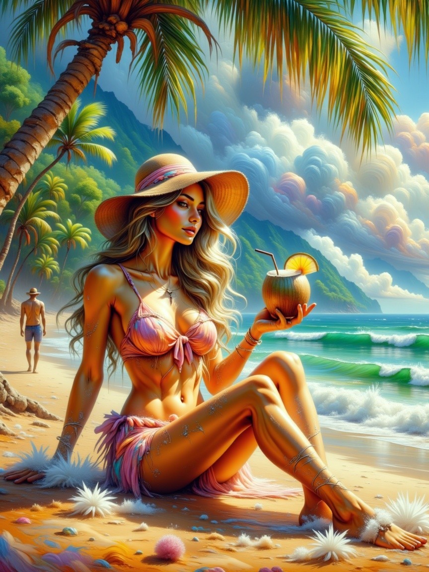 Beautiful Beach Scene with Woman in Bikini and Sarong