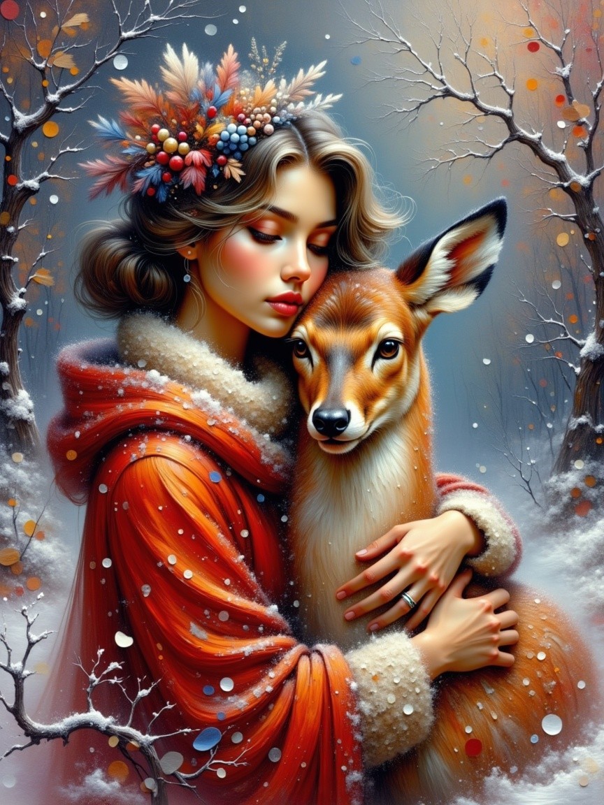 Winter Scene with Woman and Deer in Snowy Landscape