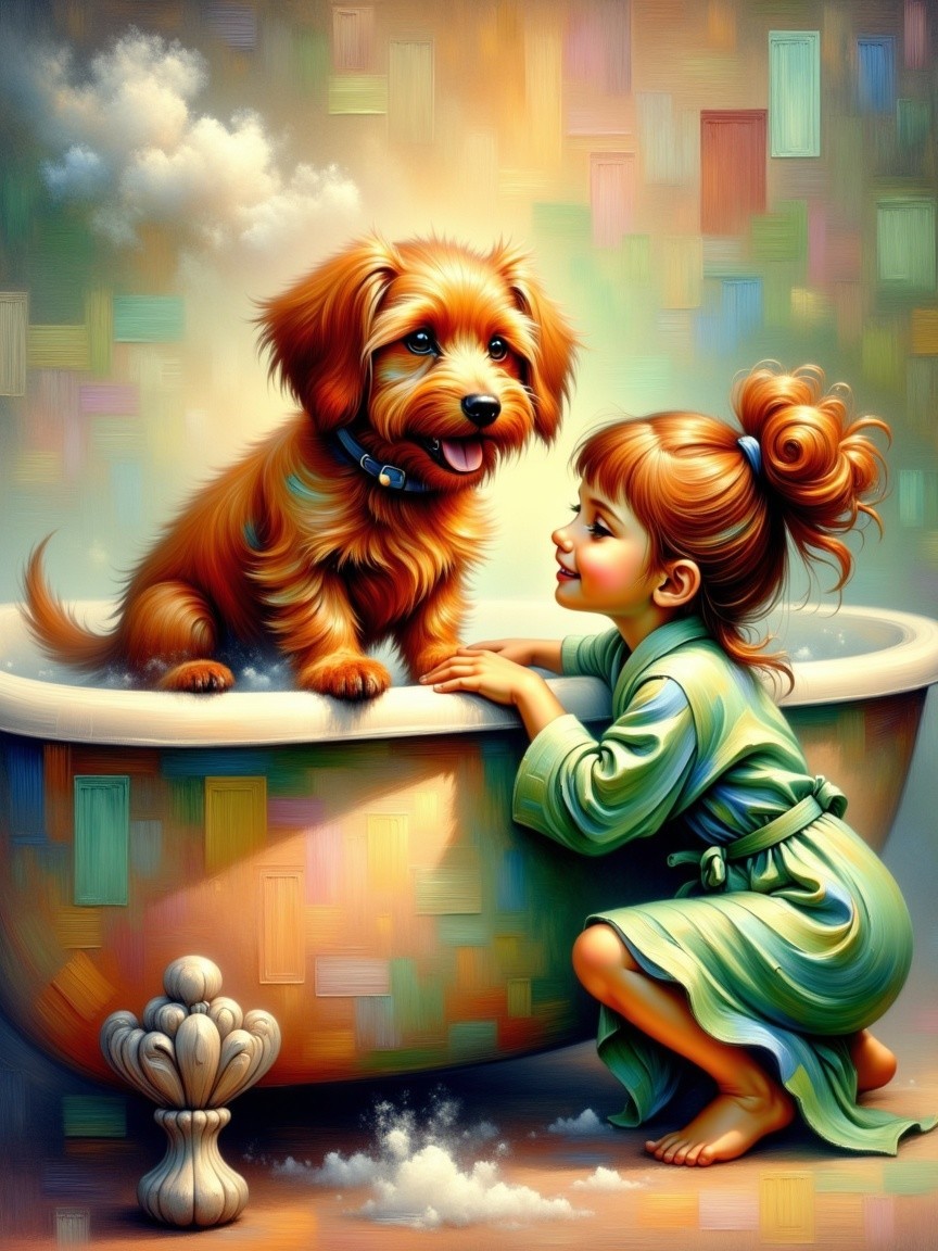 Young Girl and Dog in Bubble-Filled Bathtub Scene
