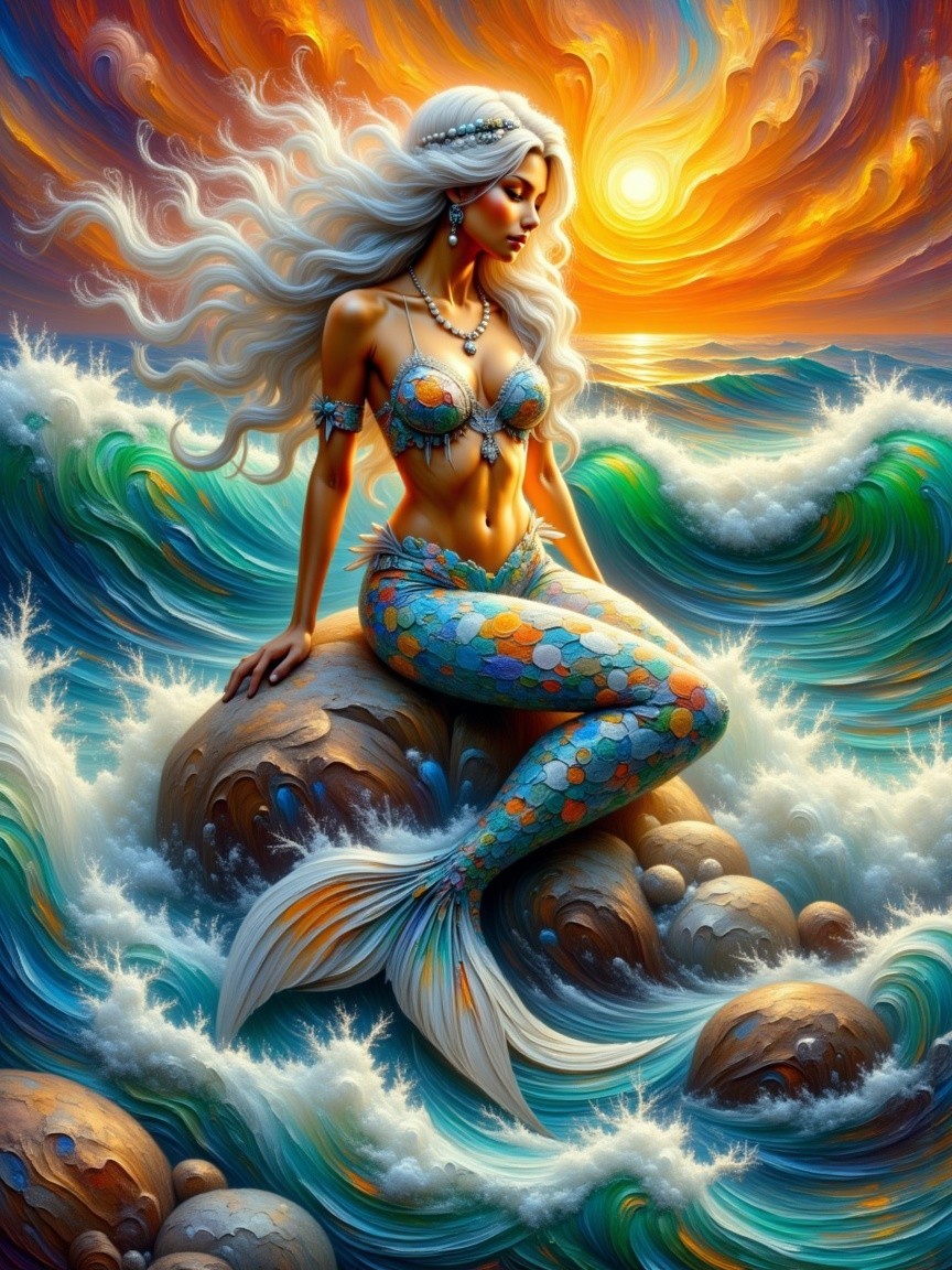 Mermaid on Rocks with Sunset and Crashing Waves