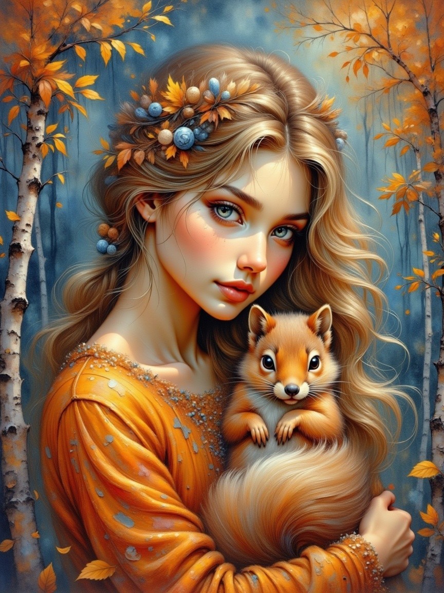 Young woman in orange dress with squirrel in autumn setting