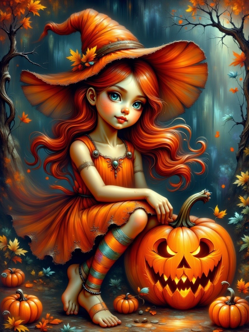Whimsical Autumn Scene with a Young Girl and Pumpkins