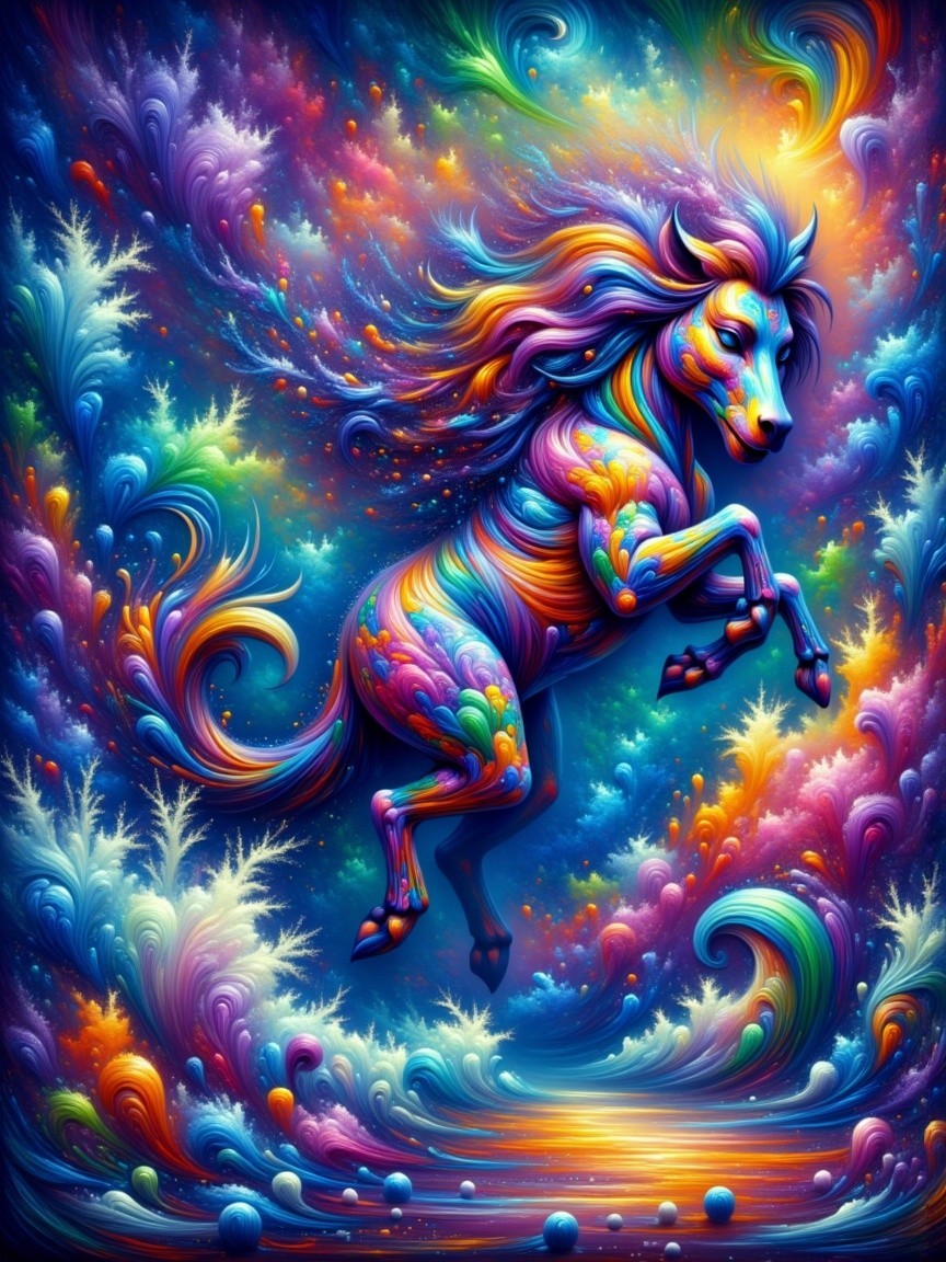 Vibrant Cosmic Landscape Featuring a Leaping Horse