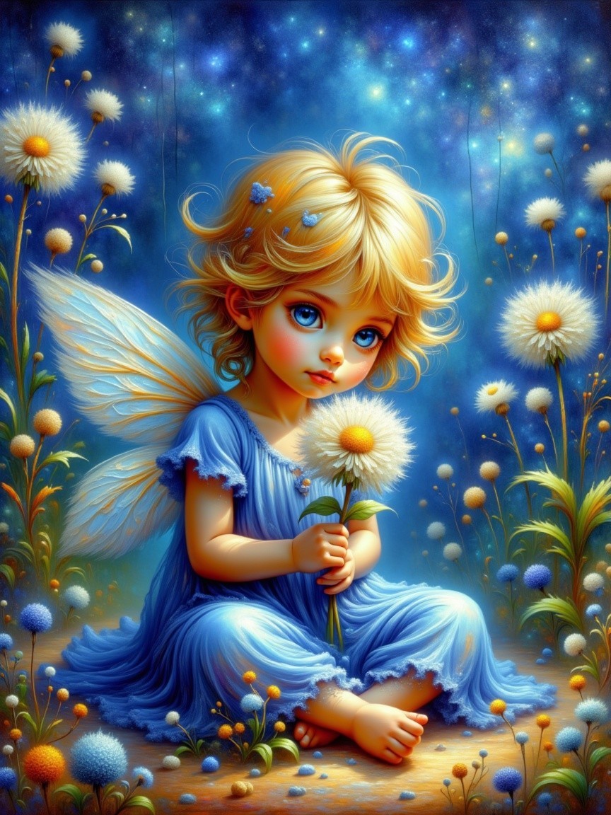 Whimsical Scene of a Girl with Fairy Wings and Flowers