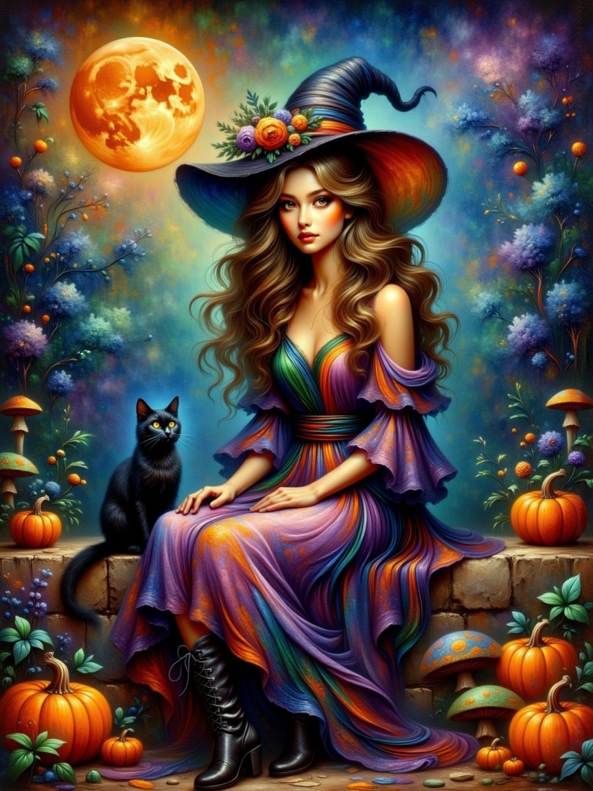 Young witch in colorful dress with pumpkins and moon