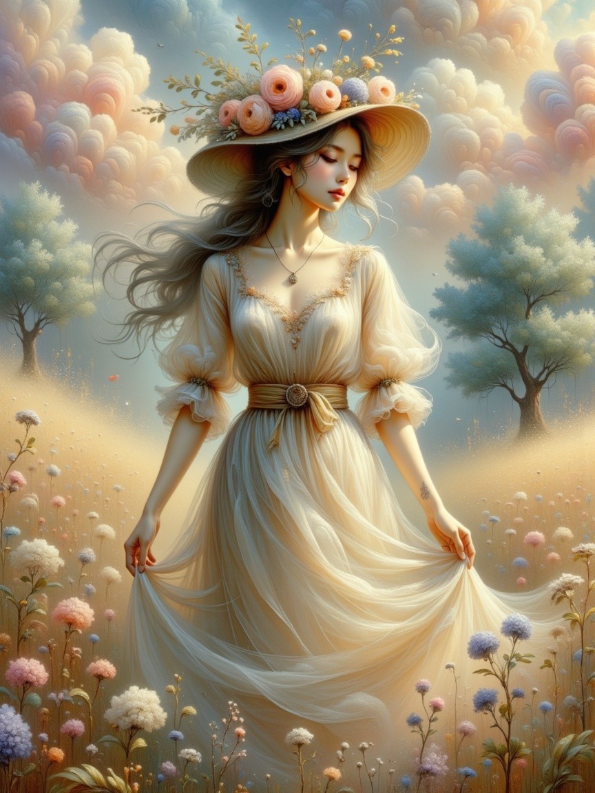 Young woman in flower-filled landscape with soft clouds