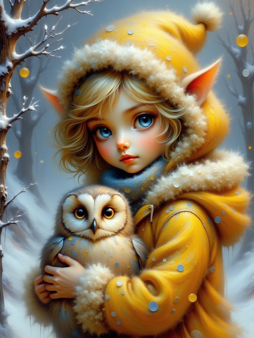 Child with Pointed Ears in Snowy Landscape with Owl