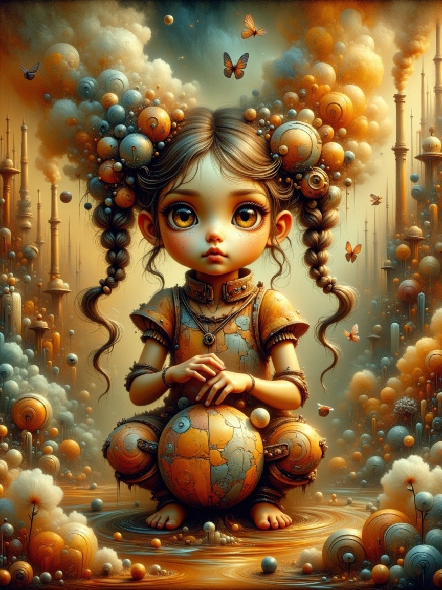 Futuristic Scene with Girl, Globe, and Surreal Elements