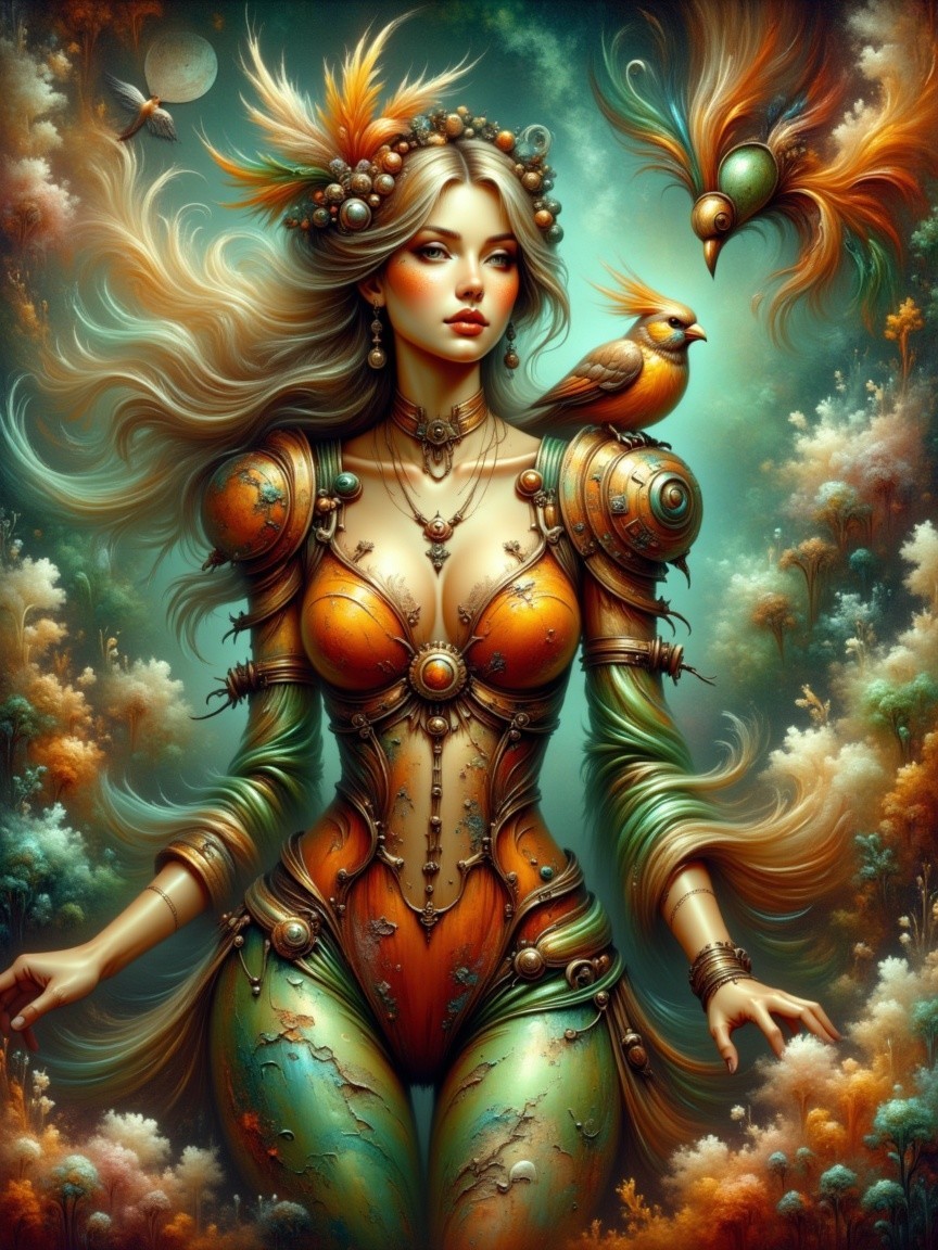 Fantasy Scene with Woman in Mechanical Bodysuit