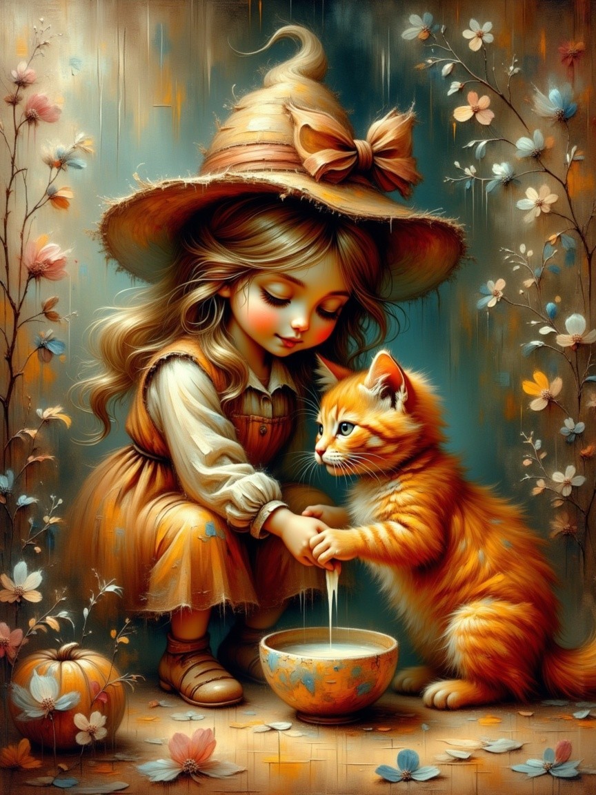 Whimsical Scene of Girl and Cat in Enchanting Garden