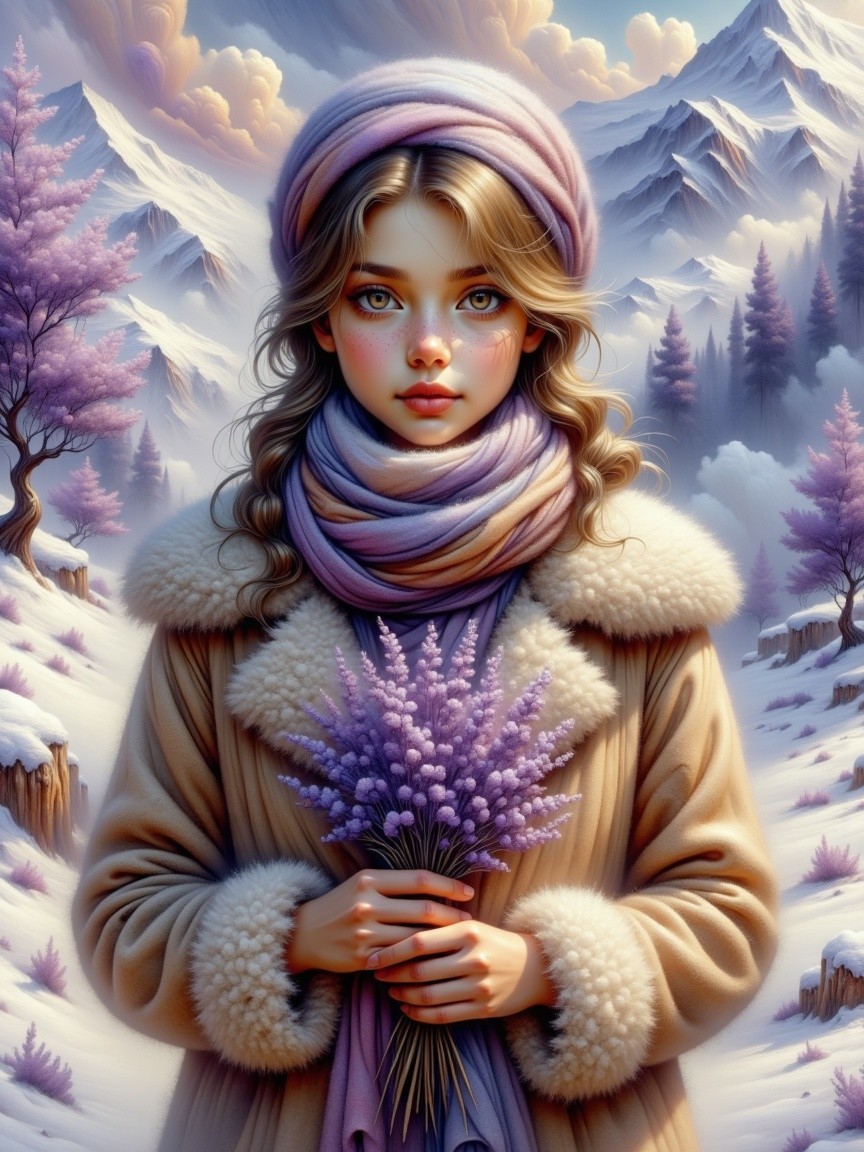 Winter Landscape with Woman and Lavender Bouquet