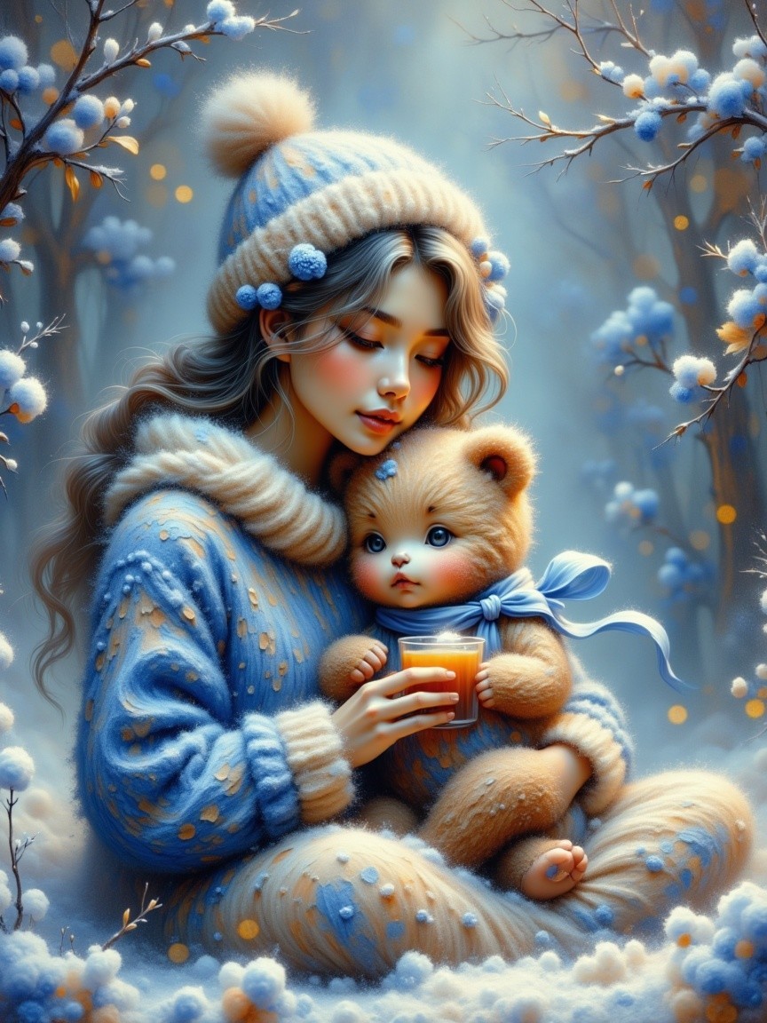Cozy Winter Scene with Woman and Bear Cub