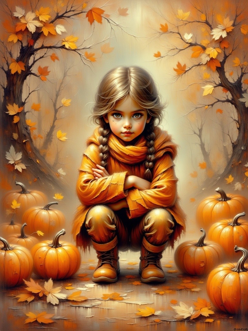 Young girl in autumn forest with pumpkins and leaves