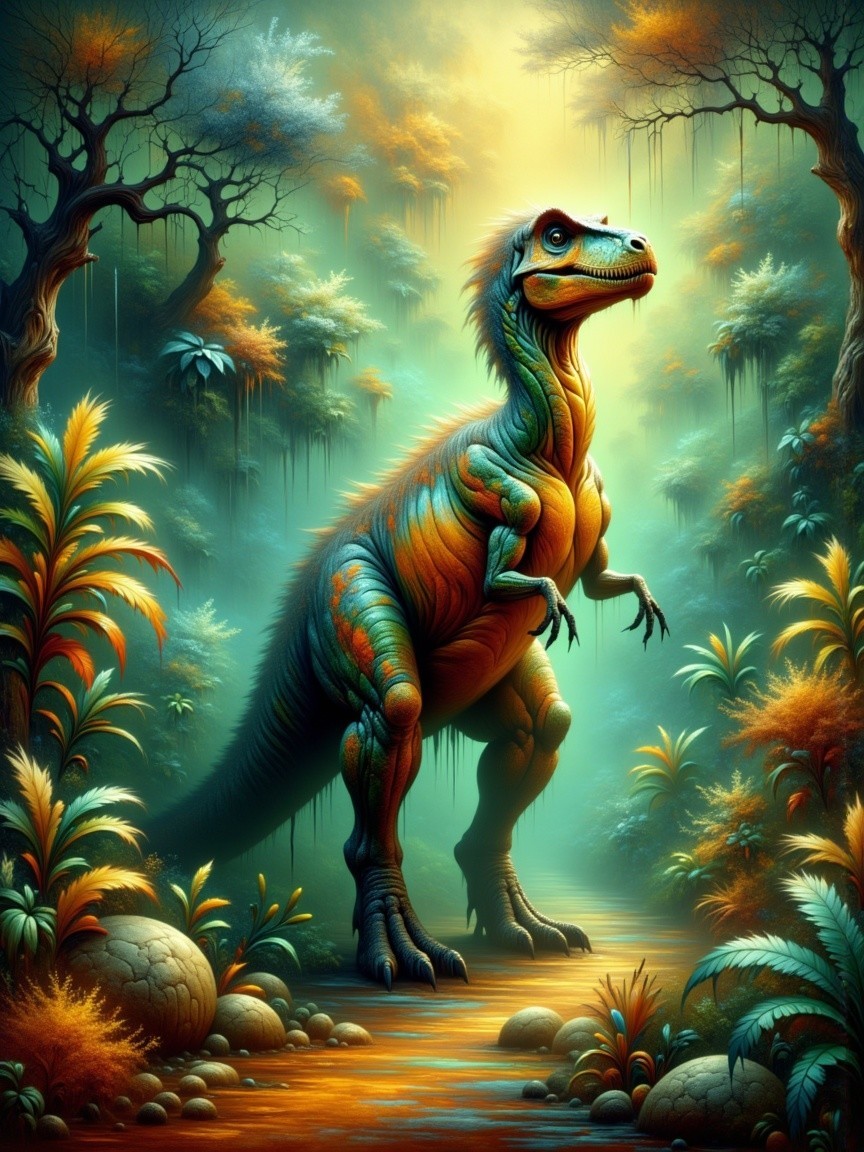 Vibrant Dinosaur in Lush Prehistoric Landscape