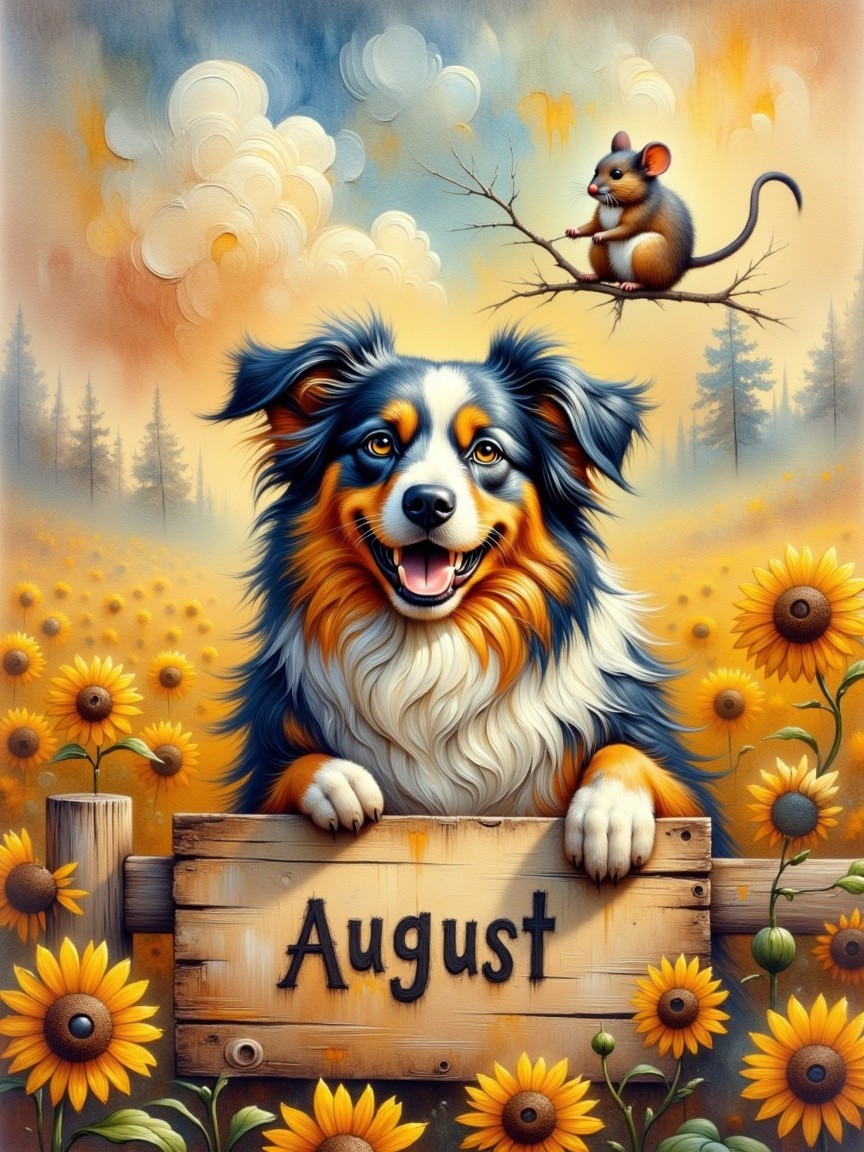 Cheerful Australian Shepherd with Sunflowers and Mouse
