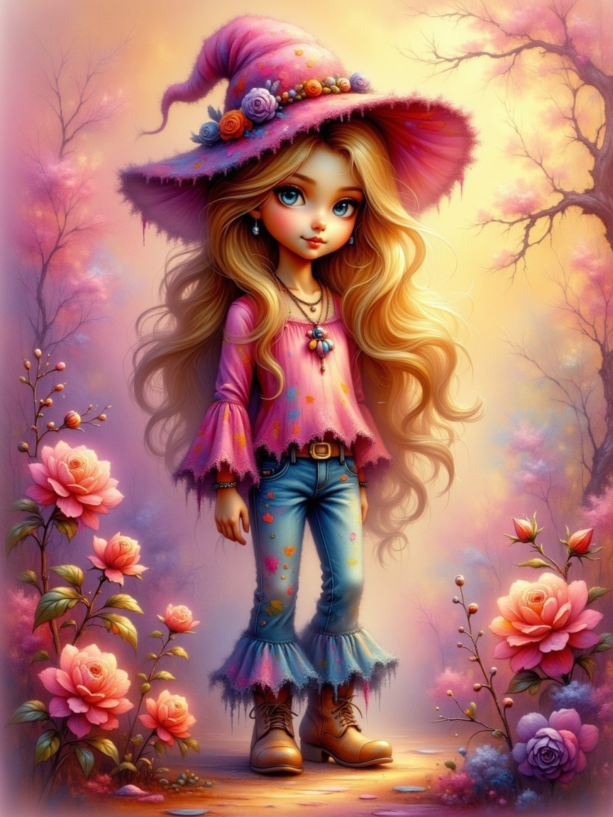 Whimsical Girl in Dreamy Pastel Landscape with Roses