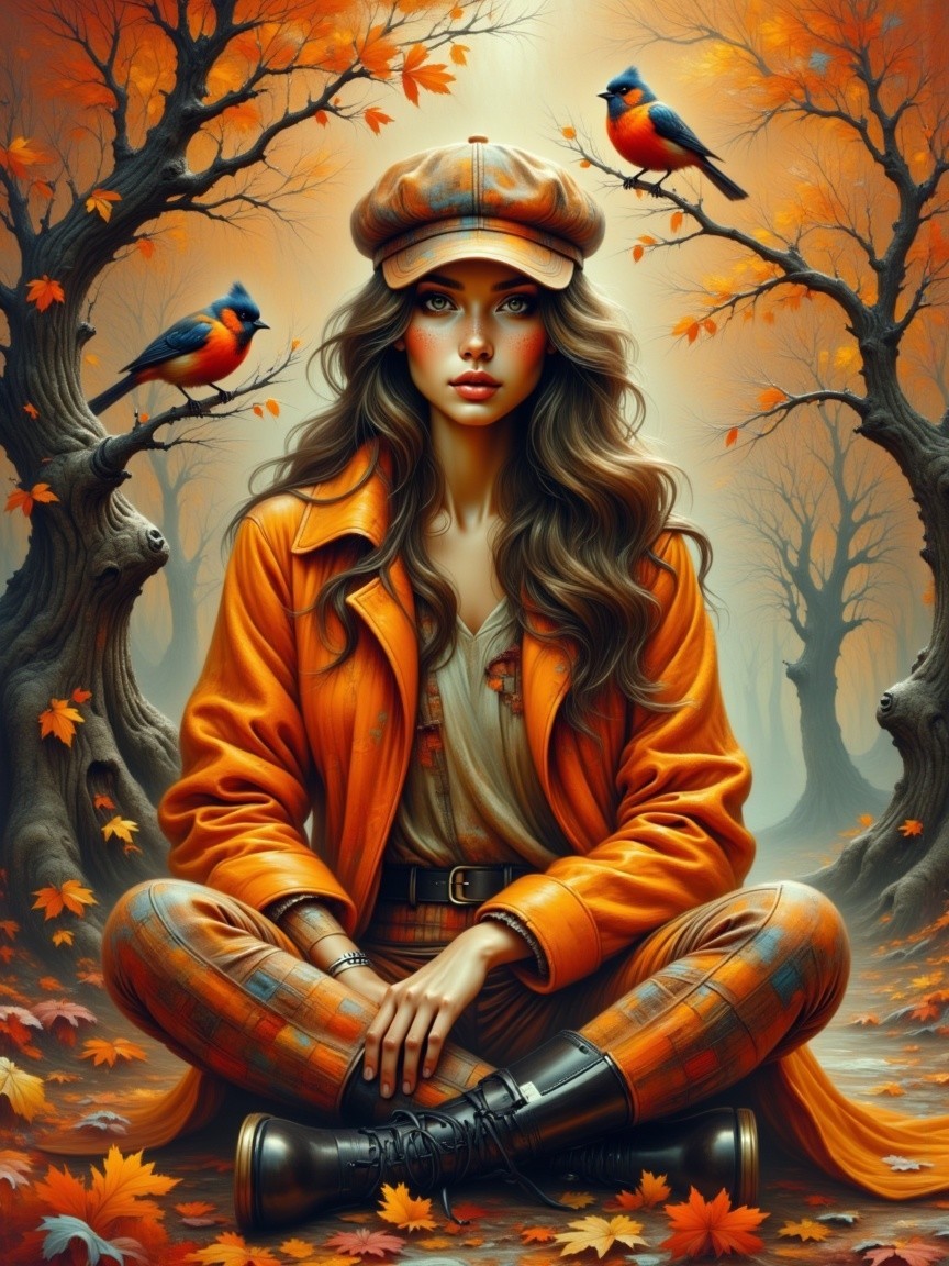 Woman in Orange Coat Surrounded by Autumn Foliage