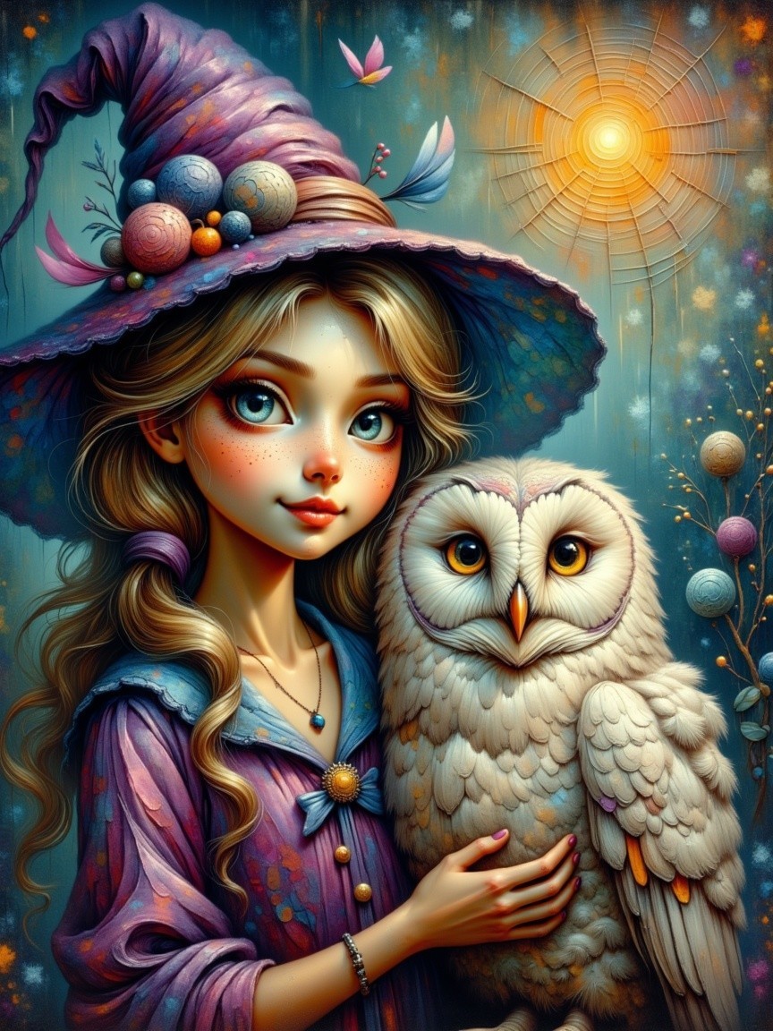 Young girl in whimsical witch hat with white owl