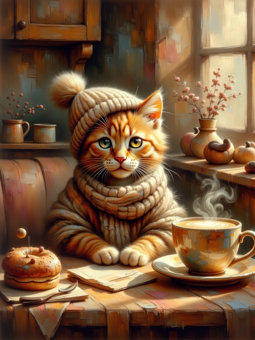 Charming Orange Cat in Cozy Hat at Rustic Table