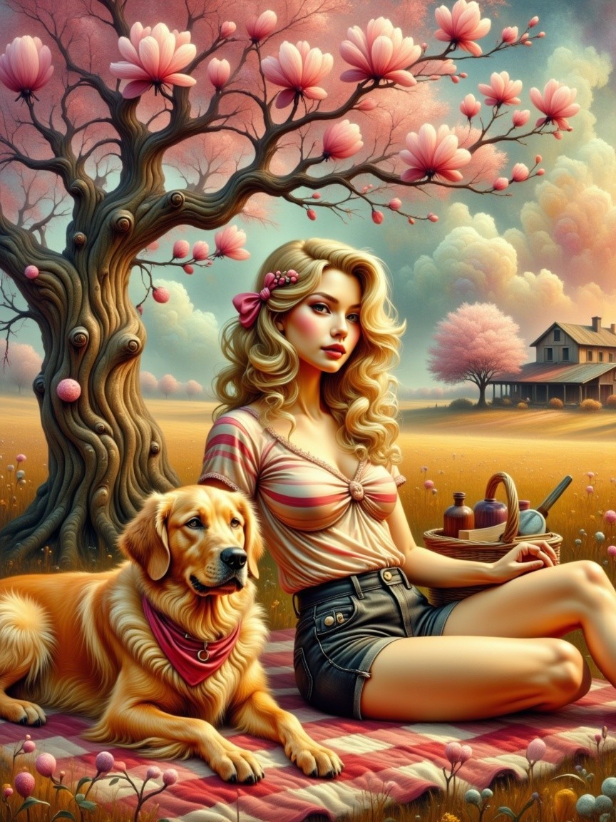 Woman and Golden Retriever Picnic Under Magnolia Tree