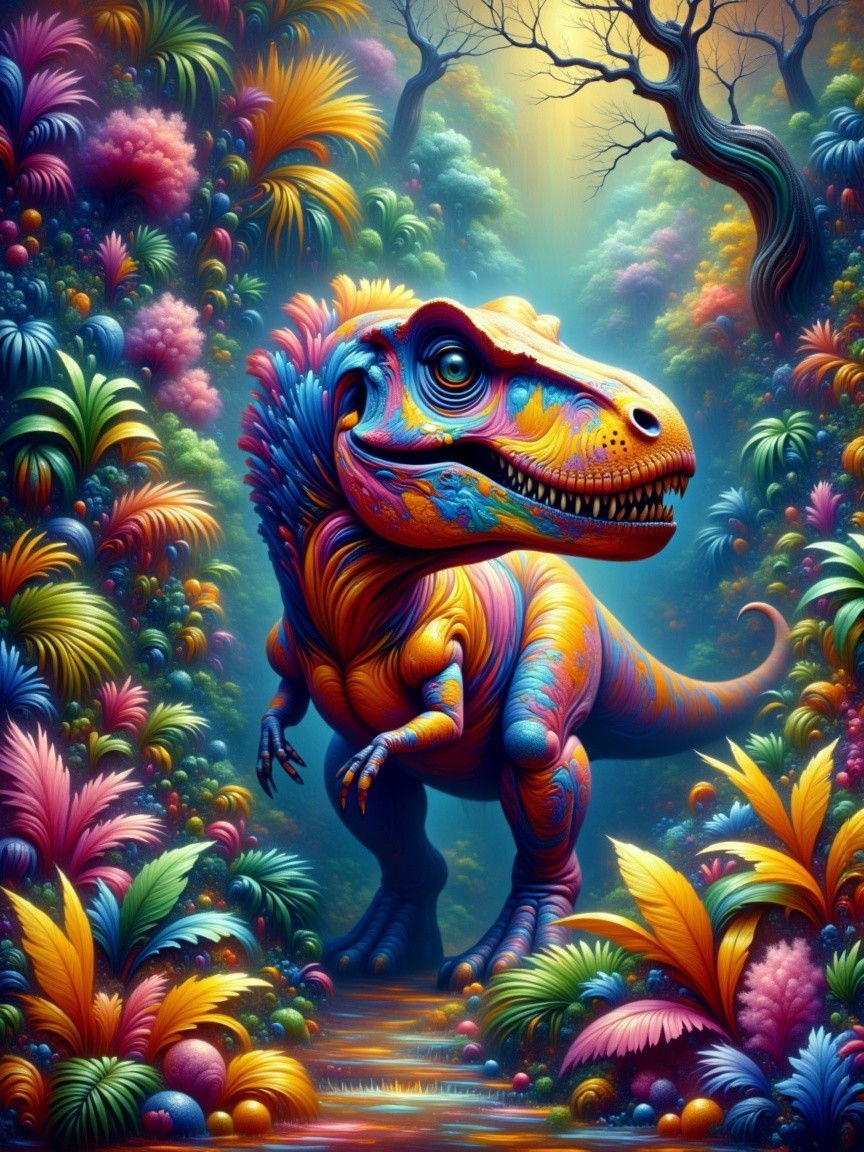 Vibrant Dinosaur in a Colorful Jungle Scene