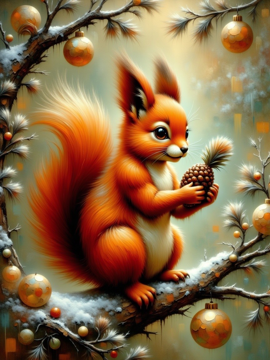 Cheerful Orange Squirrel on Snowy Branch with Ornaments