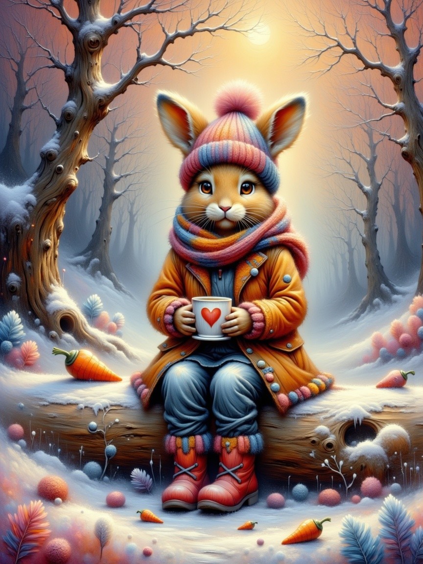 Whimsical Rabbit Character in a Snowy Forest Scene