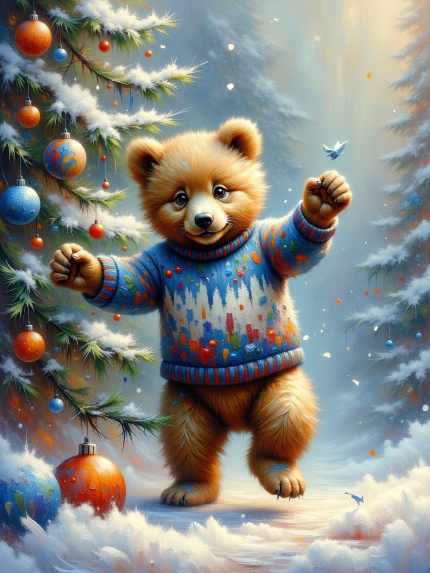 Fluffy Cartoon Baby Bear in Christmas Sweater Scene