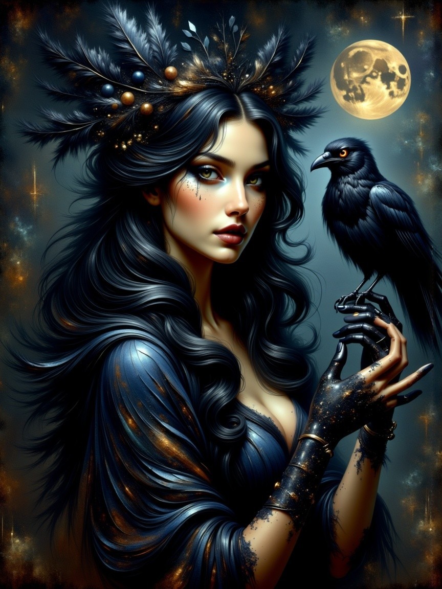Mystical Woman with Raven Under Full Moon Glow